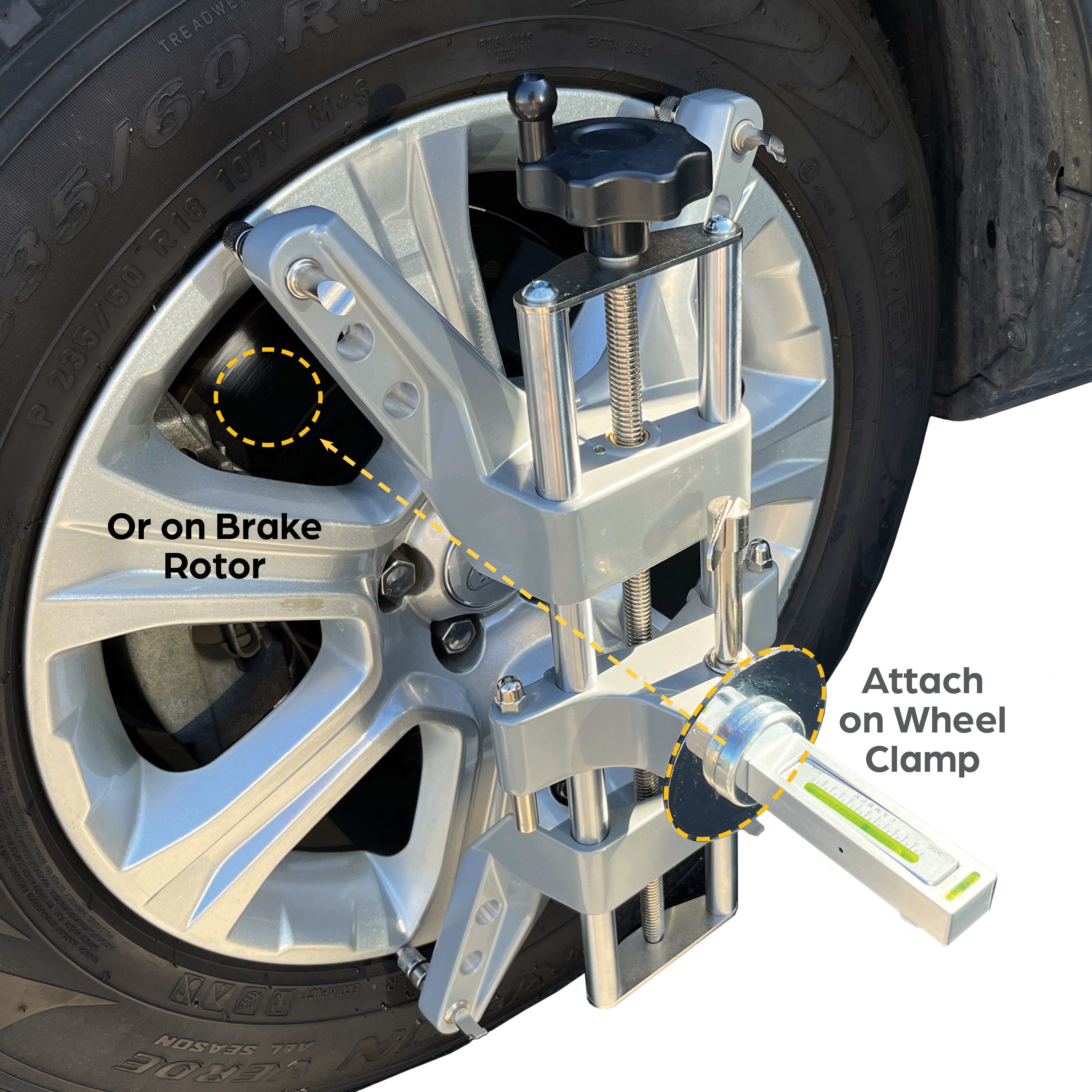 Picture of AutoSolo magnetic camber gauge attached to a wheel clamp for wheel alignment.