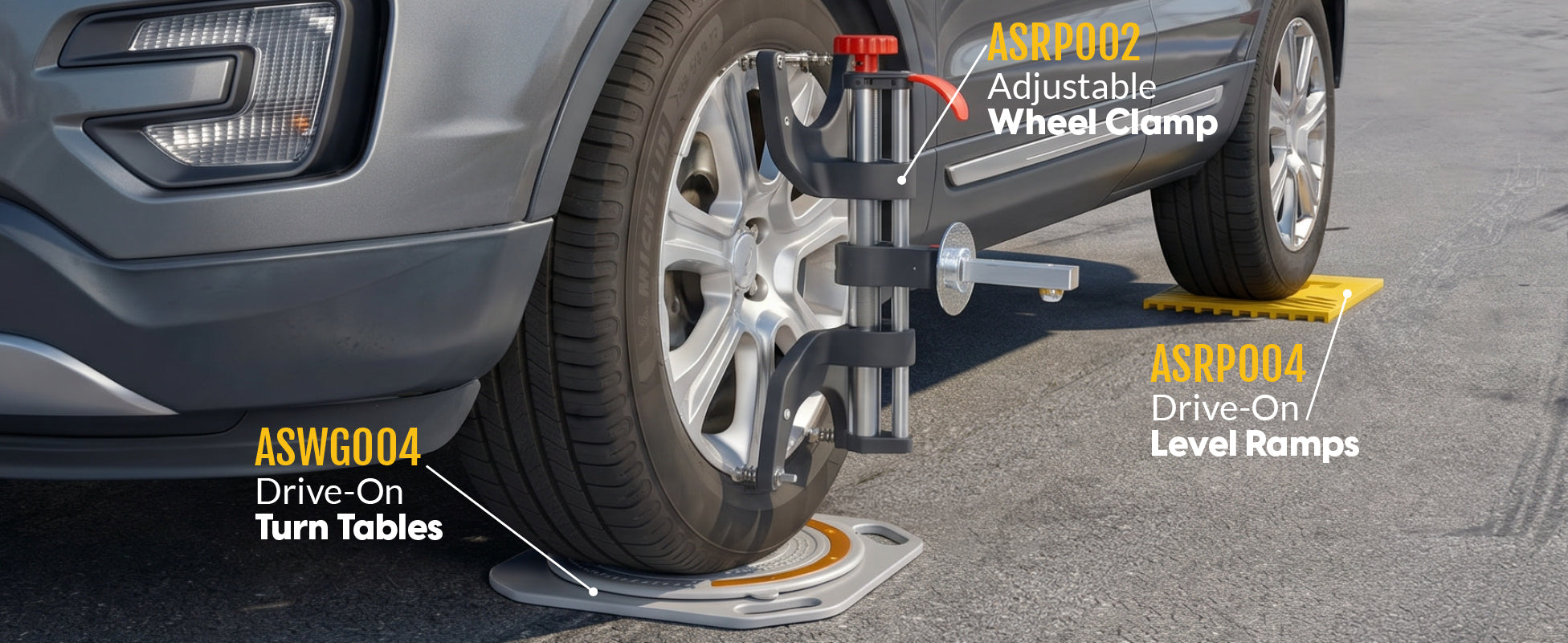 ASCGAL gauge with AutoSolo alignment system including ASWG001 wheel clamp and turn plates