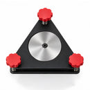 Runout Compensation Adapter from above, the steel gauge disc centered between the three red knobs