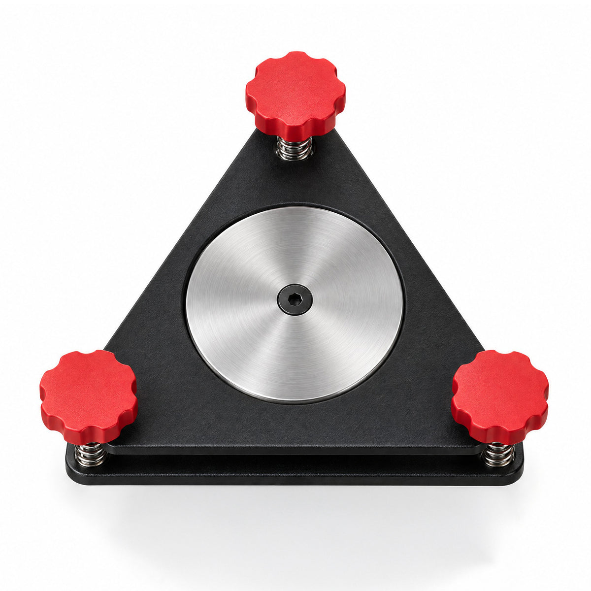 Runout Compensation Adapter from above, the steel gauge disc centered between the three red knobs