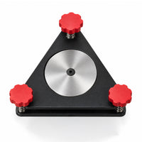 Runout Compensation Adapter from above, the steel gauge disc centered between the three red knobs