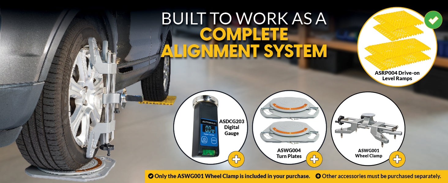 ASRP004 as part of the complete AutoSolo alignment system with turn plates, wheel clamp and gauge