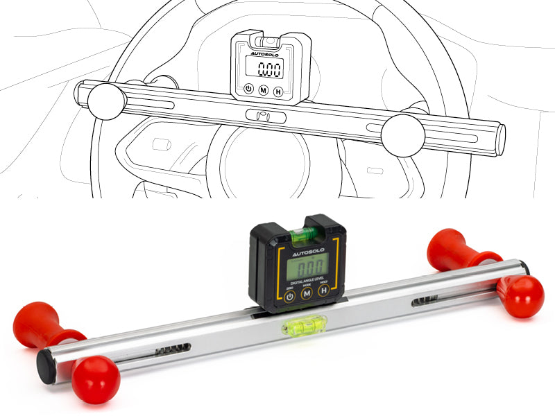 Line drawing of the level and ASMDL360 on a steering wheel, with both pieces below it
