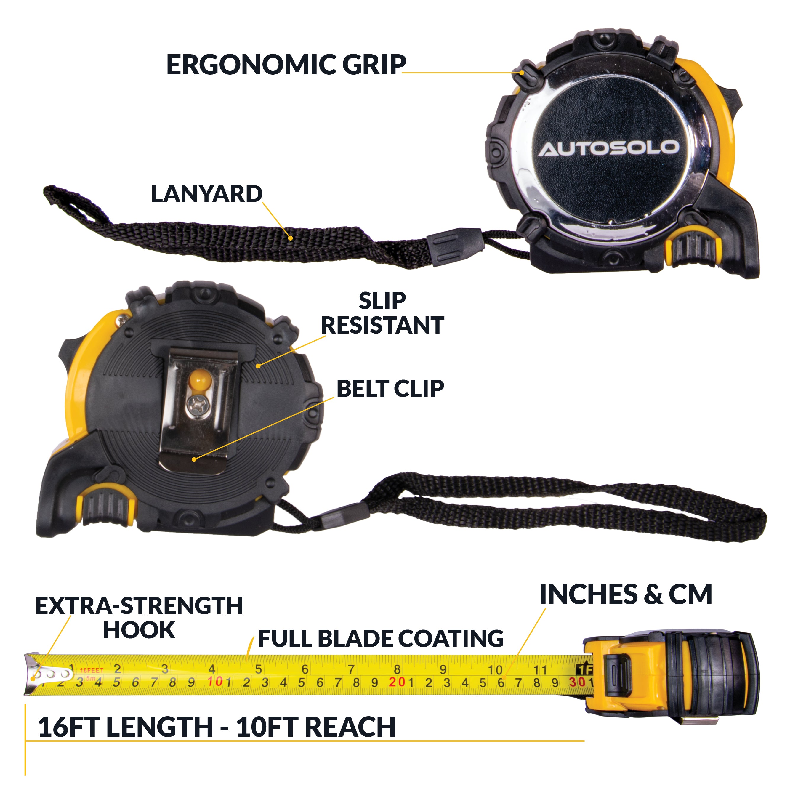 AutoSolo 16' x 7/8" Tape Measure with Slide Lock & Finger Brake
