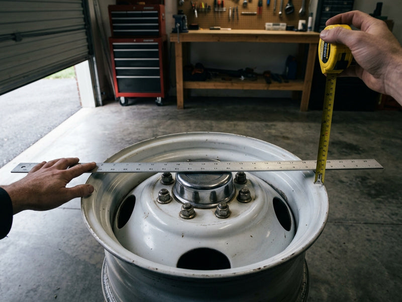 Straightedge laid across a dually wheel with a tape measure dropped from it to the rim edge