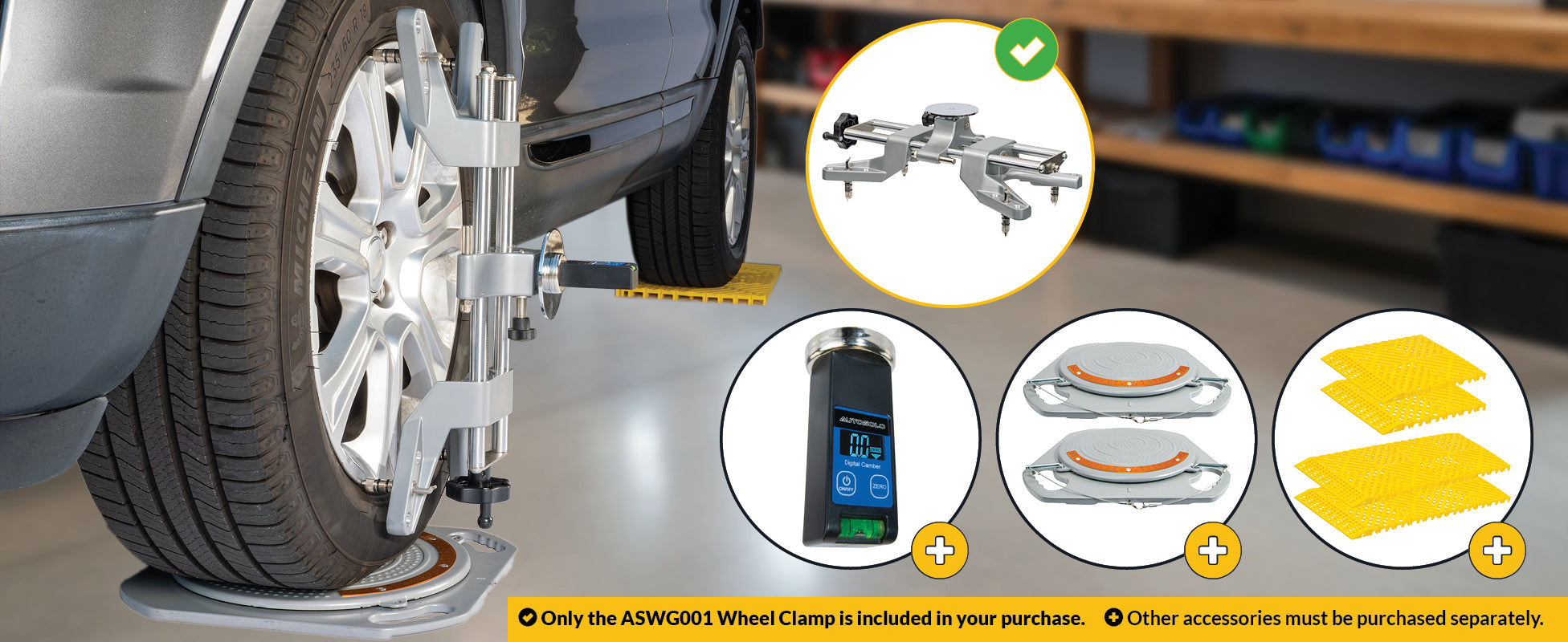 ASWG001 paired with ASDCG203 digital gauge, ASWG004 turn plates, and ASRP004 level ramps