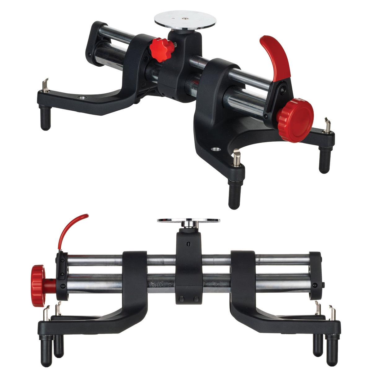 AutoSolo ONYX PRO wheel alignment clamp in matte black, angled view above the front view, showing the adapter plate, red tension knob, and second handle