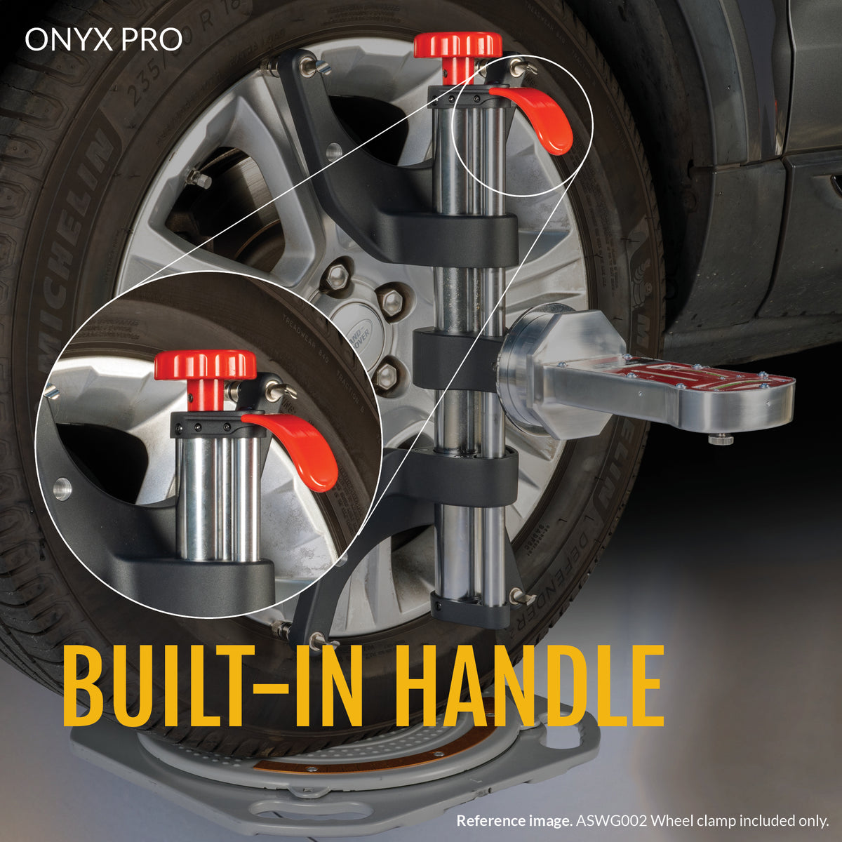 ONYX PRO clamp mounted on a wheel, with a zoom on the built-in second handle