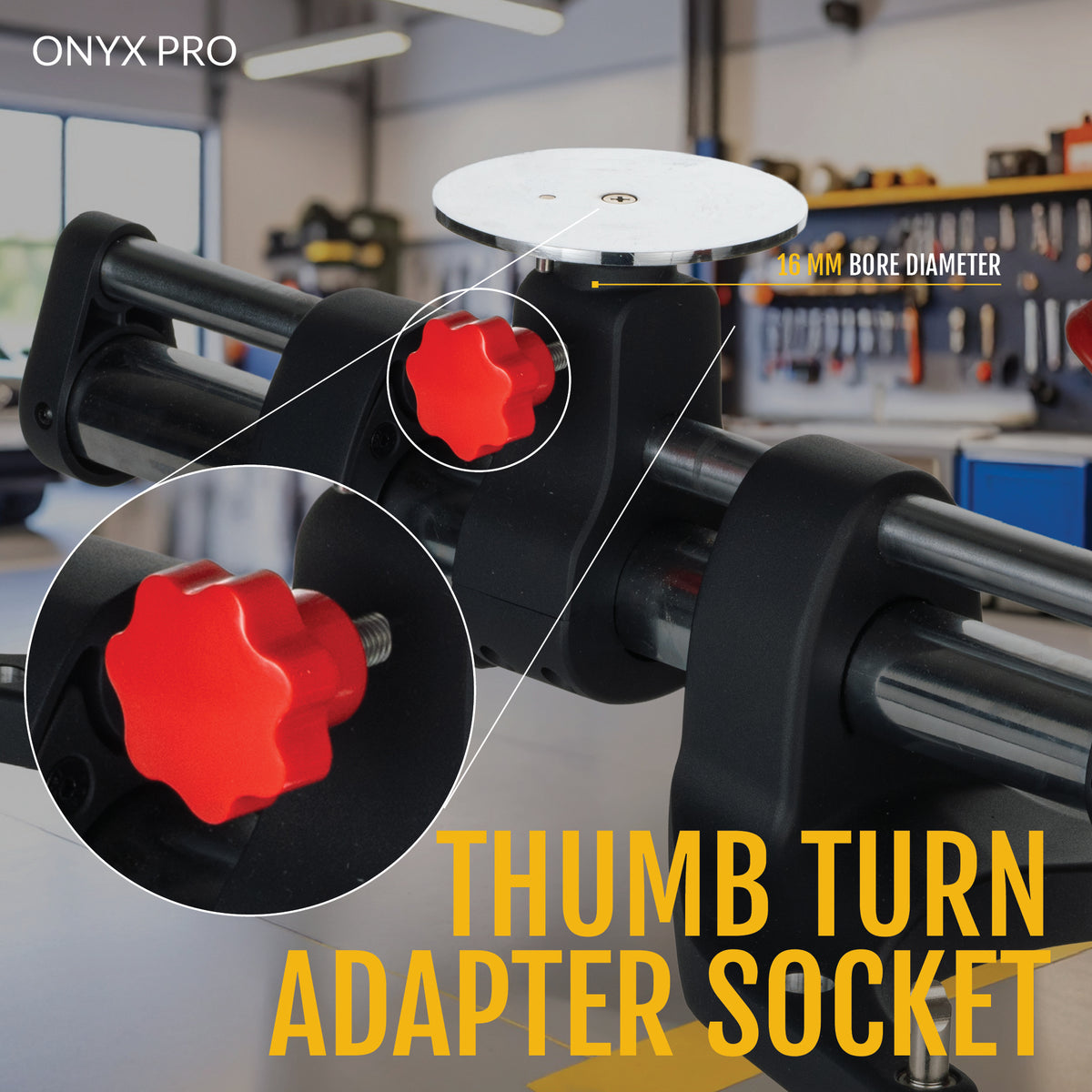 ONYX PRO thumb turn adapter socket with the 16 mm bore and the red thumb screw