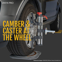 ONYX PRO clamp on a wheel with a camber caster gauge docked on the adapter plate