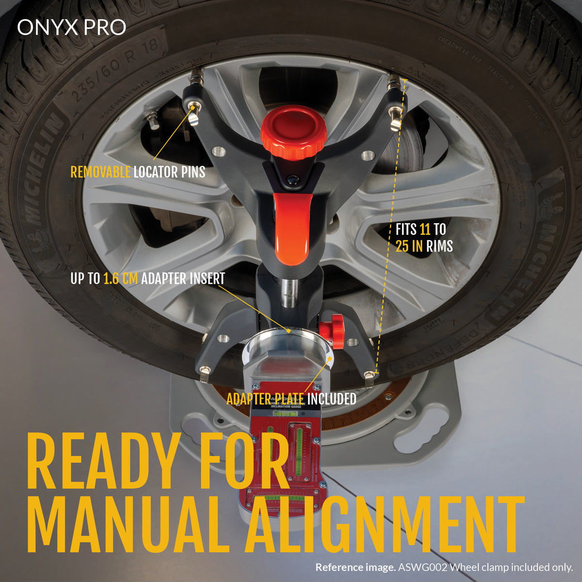 ONYX PRO clamp on a wheel, ready for manual alignment, with callouts for the removable locator pins, the adapter plate, and the 11 to 25 inch rim range