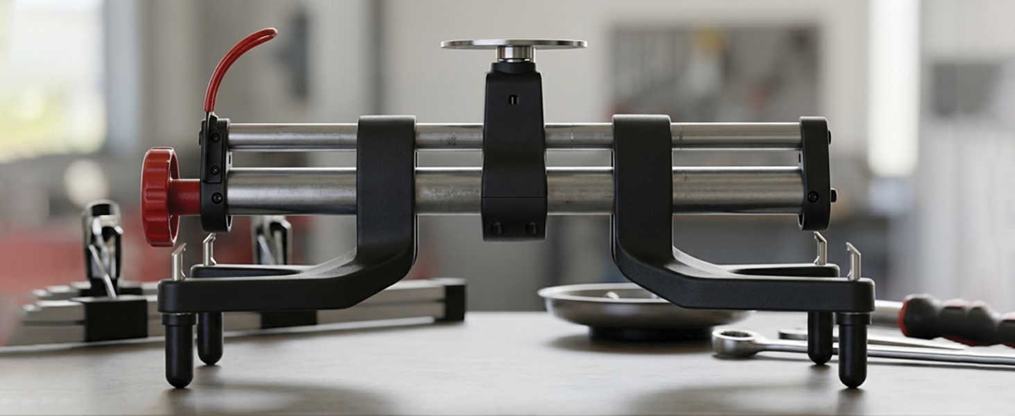ONYX PRO wheel clamp standing on a workbench, front view, handle and tension knob on the left
