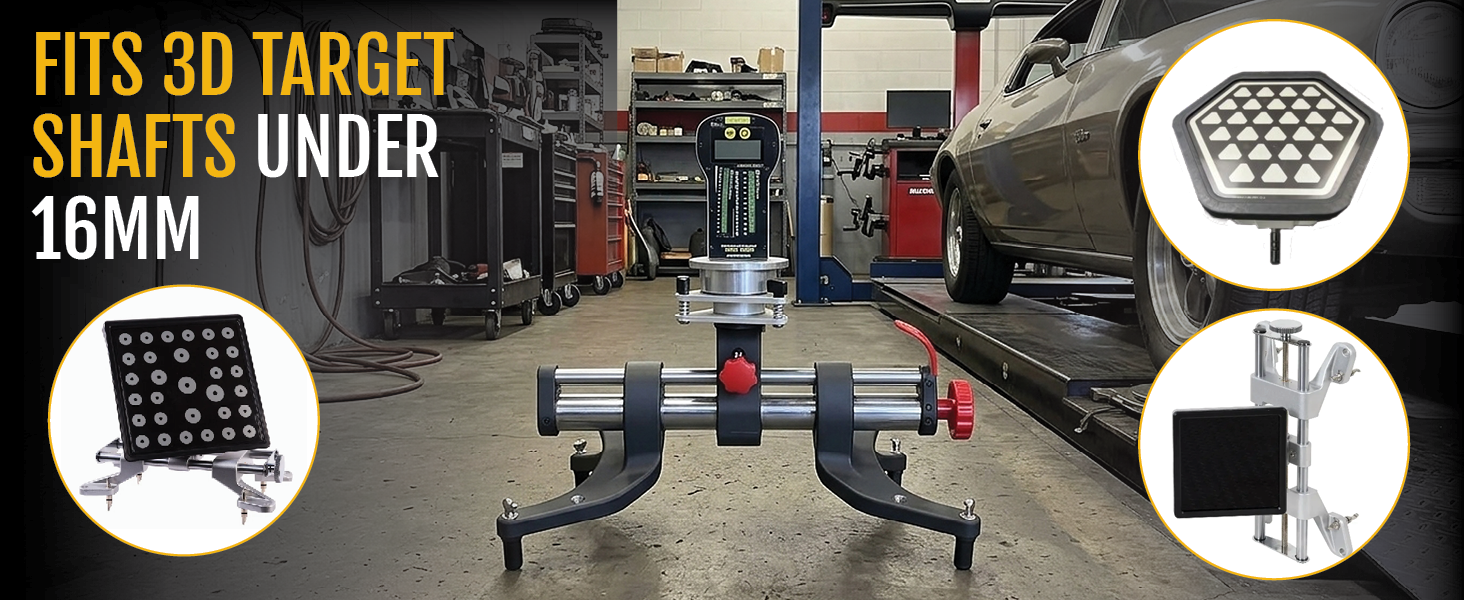 ONYX PRO clamp with a gauge in the thumb turn adapter socket, three shaft type 3D alignment targets around it; the caption reads fits 3D target shafts under 16 mm