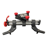 AutoSolo ONYX PRO wheel alignment clamp with the Runout Compensation Adapter fitted in the adapter socket, three red knobs and the steel gauge disc on top