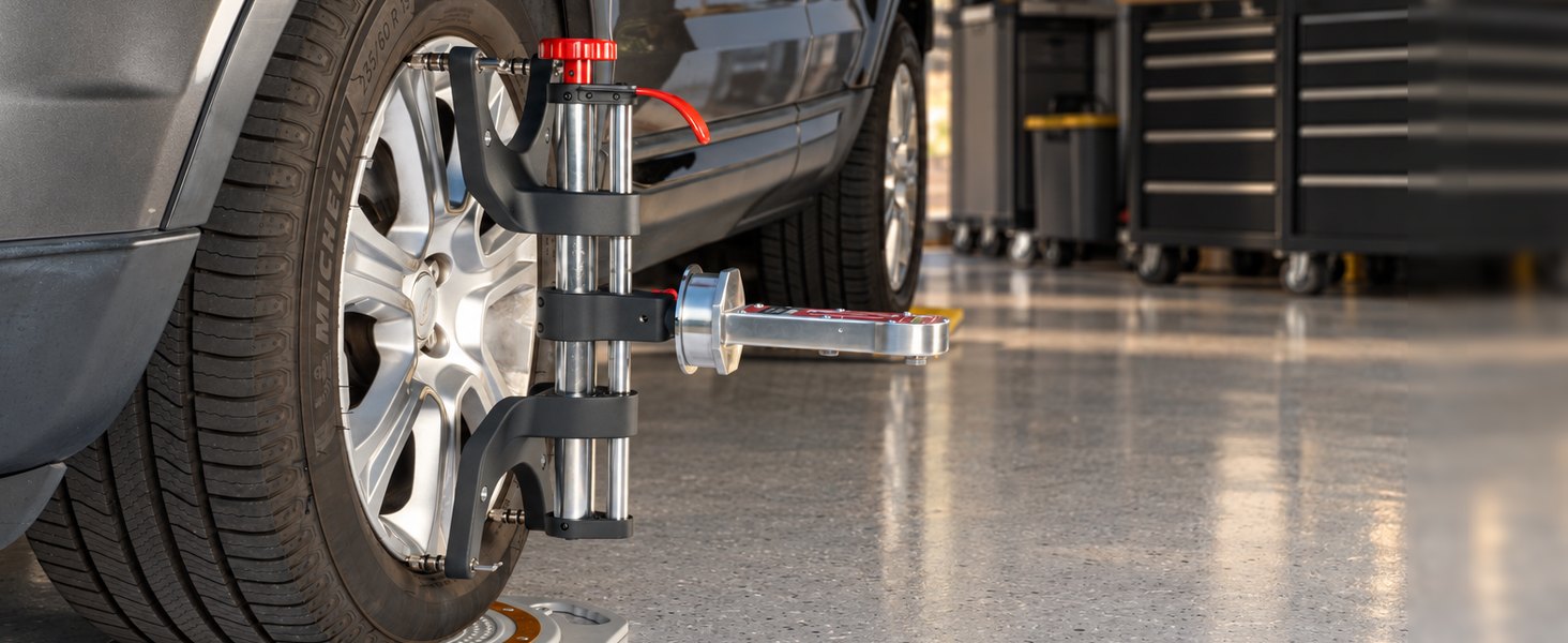 AutoSolo ONYX PRO wheel clamp and alignment gauge on the front wheel of a car on a turn plate in a home garage