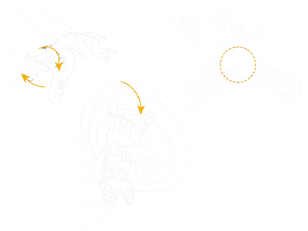 Line drawing of hands seating the wheel clamp pins on a rim and setting the gauge on the clamp face