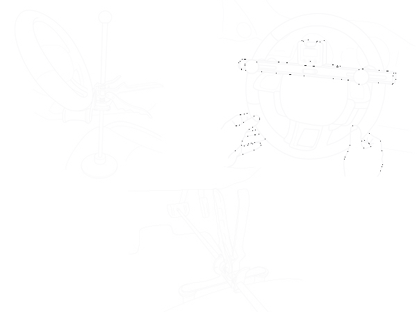 Line drawing of the steering level on the wheel, the wheel holder braced, and the brake pedal holder set