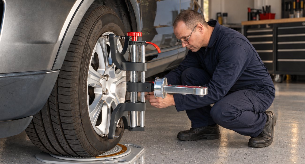 AutoSolo ONYX PRO wheel clamp and alignment gauge mounted on a front wheel while the setup is worked at the car