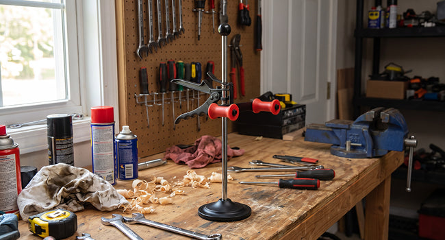 AutoSolo steering wheel holder standing on a home garage workbench