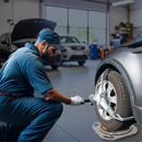 Mechanic using the AutoSolo tire clamp, turn table and digital camber and caster gauge to align the car tires.