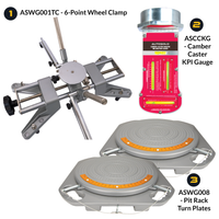 AutoSolo Bundle with ASWG001TC 6-Point Wheel Clamp, the ASCCKG Camber Caster Kingpin Inclination Gauge, and the ASWG008 Pit Rack Turn Plates for home or professional wheel alignments