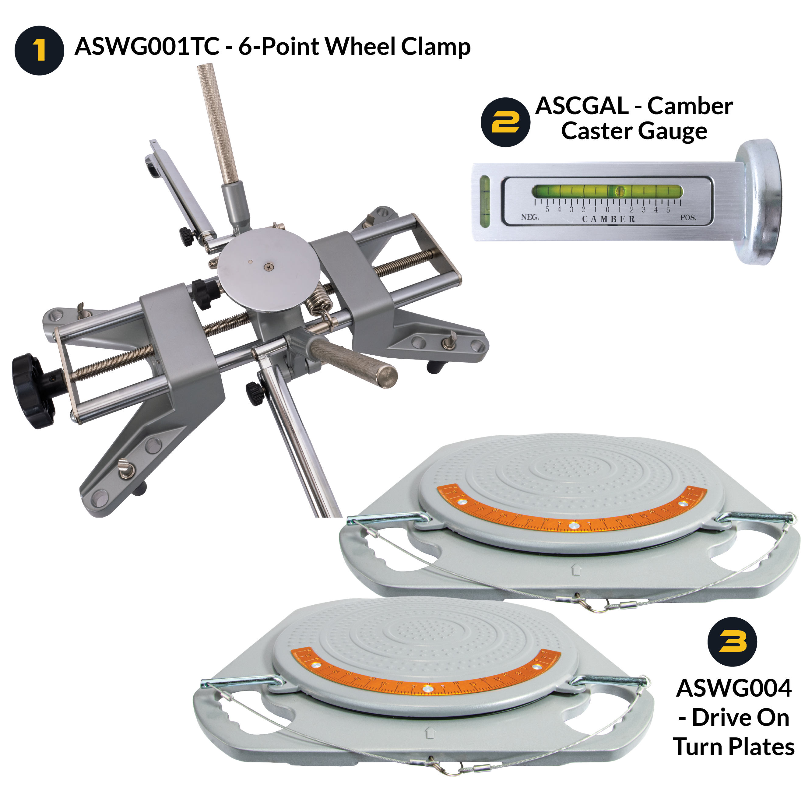 AutoSolo Bundle with ASWG001TC 6-Point Wheel Clamp, the ASCGAL Camber Caster Gauge with magnetic end, and the ASWG004 Drive-on Turn Plates for home or professional wheel alignments