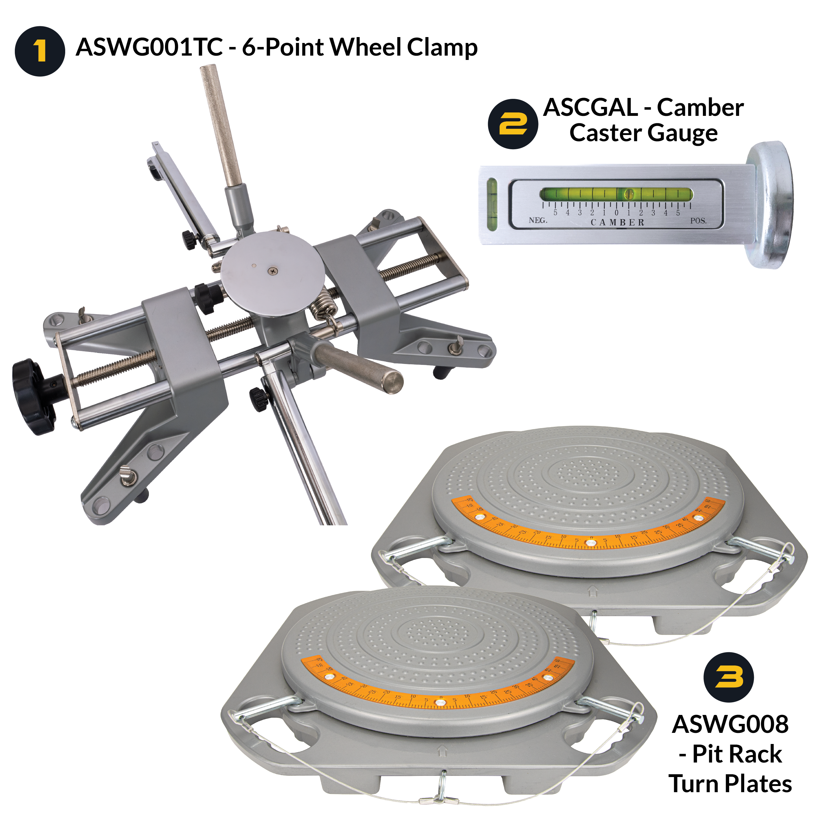 AutoSolo Bundle with ASWG001TC 6-Point Wheel Clamp, the ASCGAL Camber Caster Gauge with magnetic end, and the ASWG008 Pit Rack Turn Plates for home or professional wheel alignments