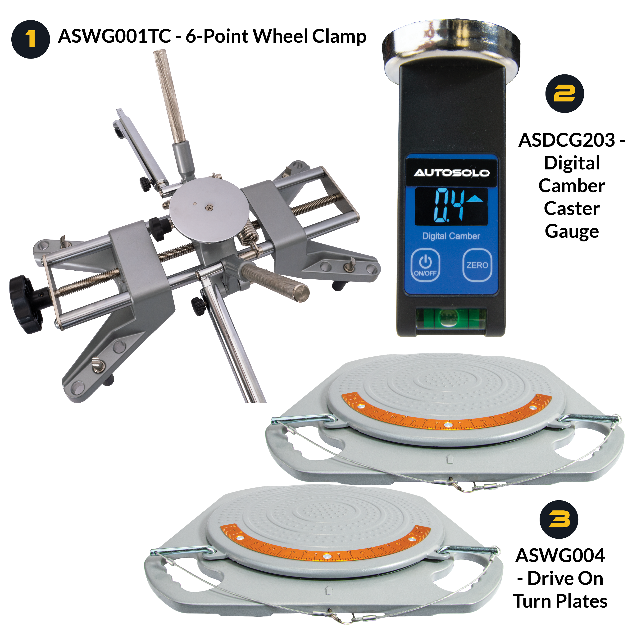 AutoSolo Bundle with ASWG001TC 6-Point Wheel Clamp, the ASDCG203 Digital Camber Caster Gauge Level with magnetic end, and the ASWG004 Drive-on Turn Plates for home or professional wheel alignments