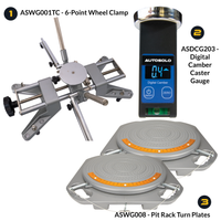 AutoSolo Bundle with ASWG001TC 6-Point Wheel Clamp, the ASDCG203 Digital Camber Caster Gauge Level with magnetic end, and the ASWG008 Pit Rack Turn Plates for home or professional wheel alignments