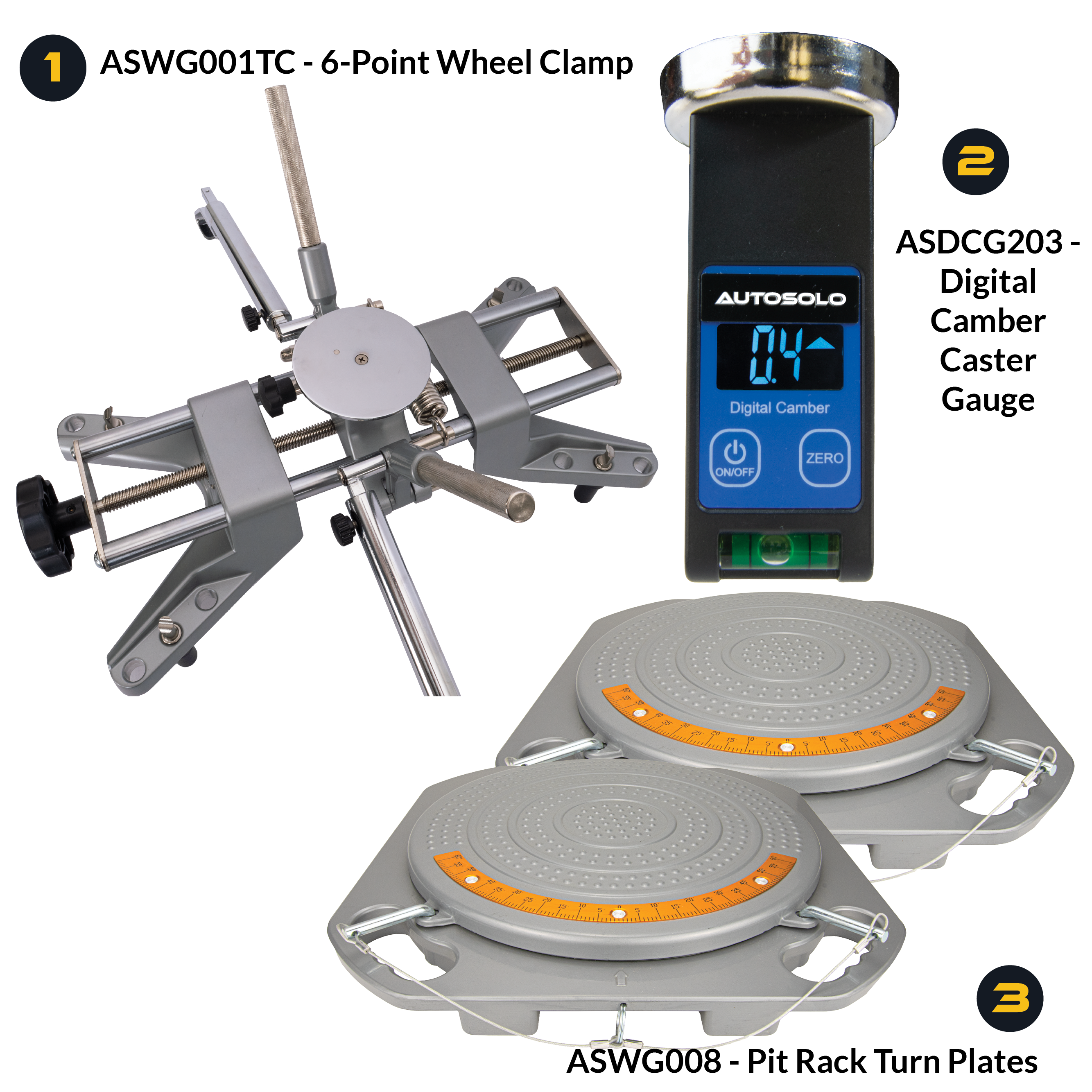 AutoSolo Bundle with ASWG001TC 6-Point Wheel Clamp, the ASDCG203 Digital Camber Caster Gauge Level with magnetic end, and the ASWG008 Pit Rack Turn Plates for home or professional wheel alignments