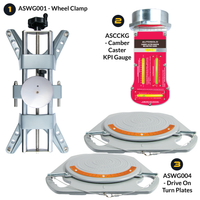AutoSolo Bundle with ASWG001 Wheel Clamp, the ASCCKG Camber Caster Kingpin Inclination Gauge with magnetic end, and the ASWG004 Drive-on Turn Plates for home or professional wheel alignments