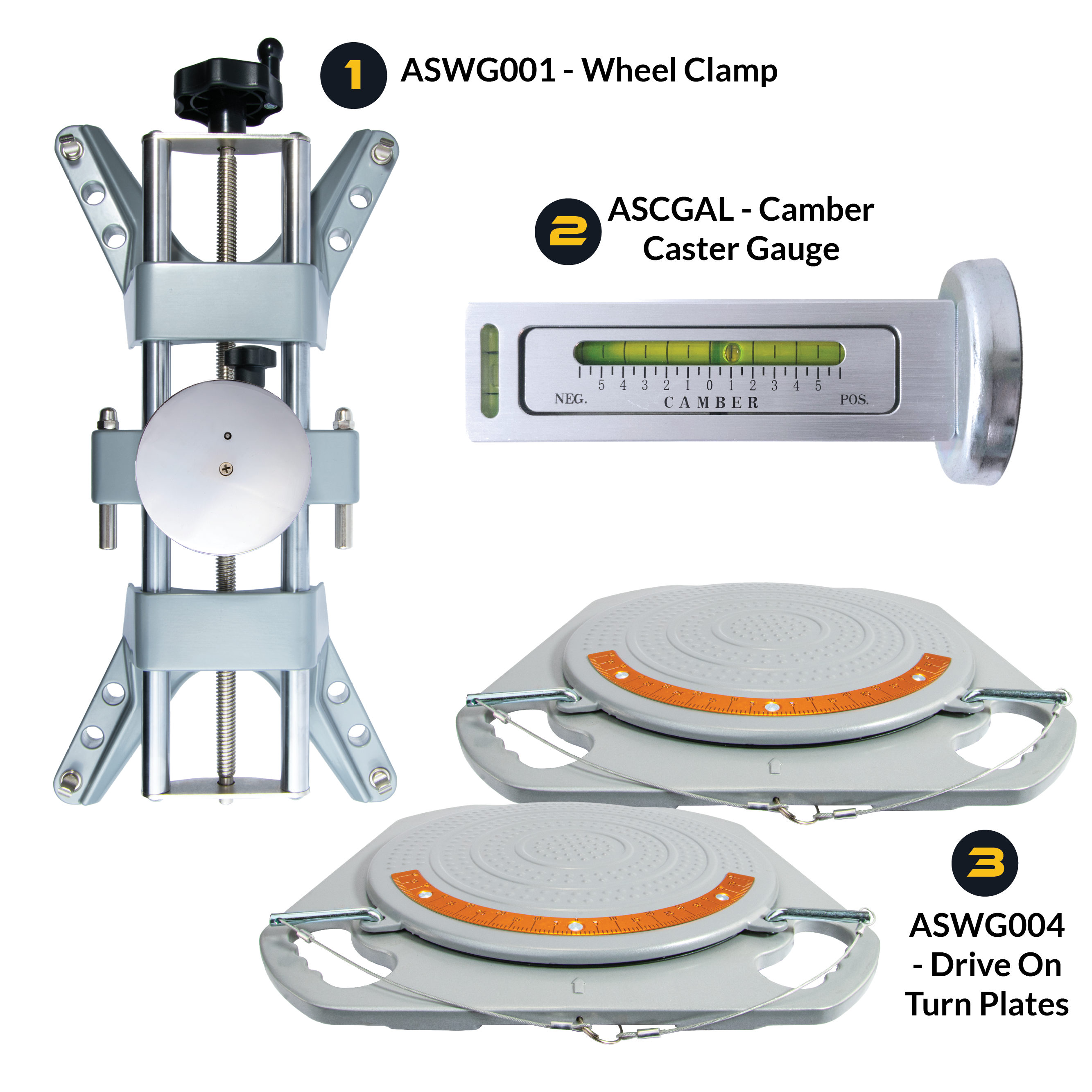 AutoSolo Bundle with ASWG001 Wheel Clamp, the ASCGAL Camber Caster Gauge with magnetic end, and the ASWG004 Drive-on Turn Plates for home or professional wheel alignments
