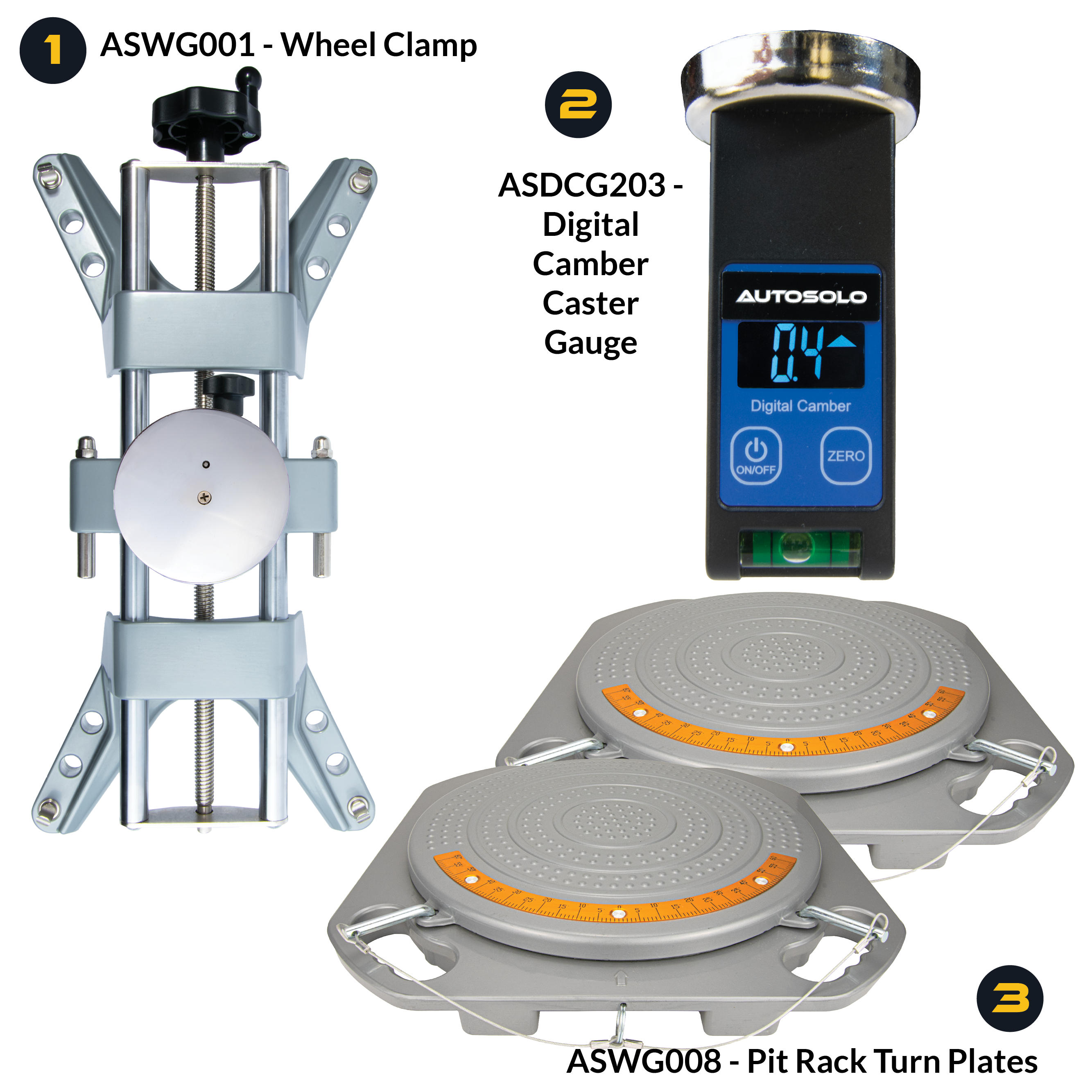 AutoSolo Bundle with ASWG001 Wheel Clamp, the ASDCG203 Digital Camber Caster Gauge Level with magnetic end, and the ASWG008 Pit Rack Turn Plates for home or professional wheel alignments