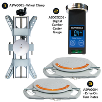 AutoSolo Bundle with ASWG001 Wheel Clamp, the ASDCG203 Digital Camber Caster Gauge Level with magnetic end, and the ASWG004 Drive-on Turn Plates for home or professional wheel alignments