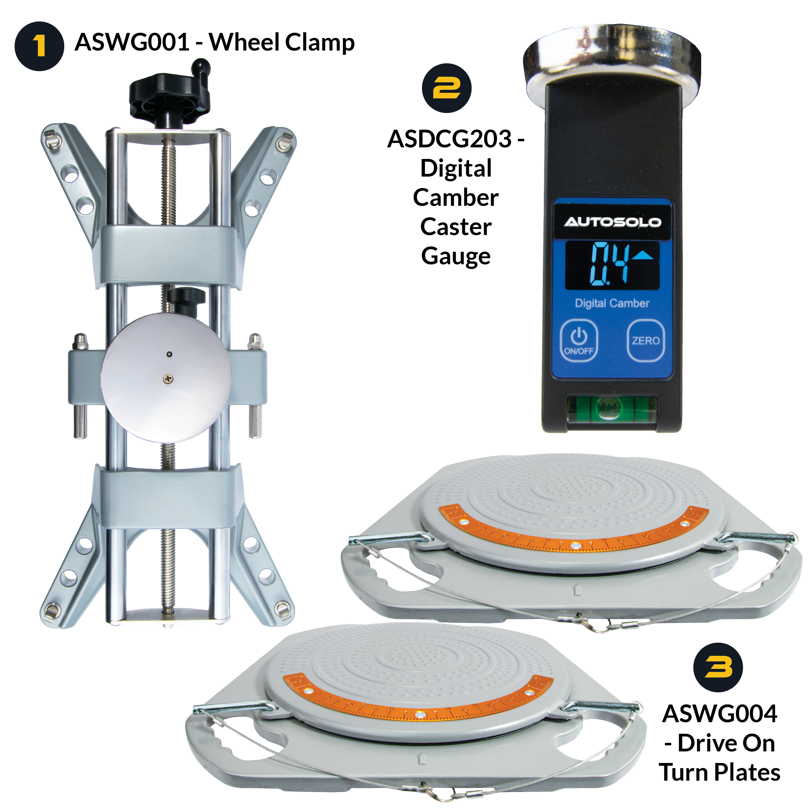 AutoSolo Bundle with ASWG001 Wheel Clamp, the ASDCG203 Digital Camber Caster Gauge Level with magnetic end, and the ASWG004 Drive-on Turn Plates for home or professional wheel alignments