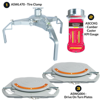 AutoSolo Bundle with ASWL470 Tire Clamp, the ASCCKG Camber Caster Kingpin Inclination Gauge with magnetic end, and the ASWG004 Drive-on Turn Plates for home or professional wheel alignments