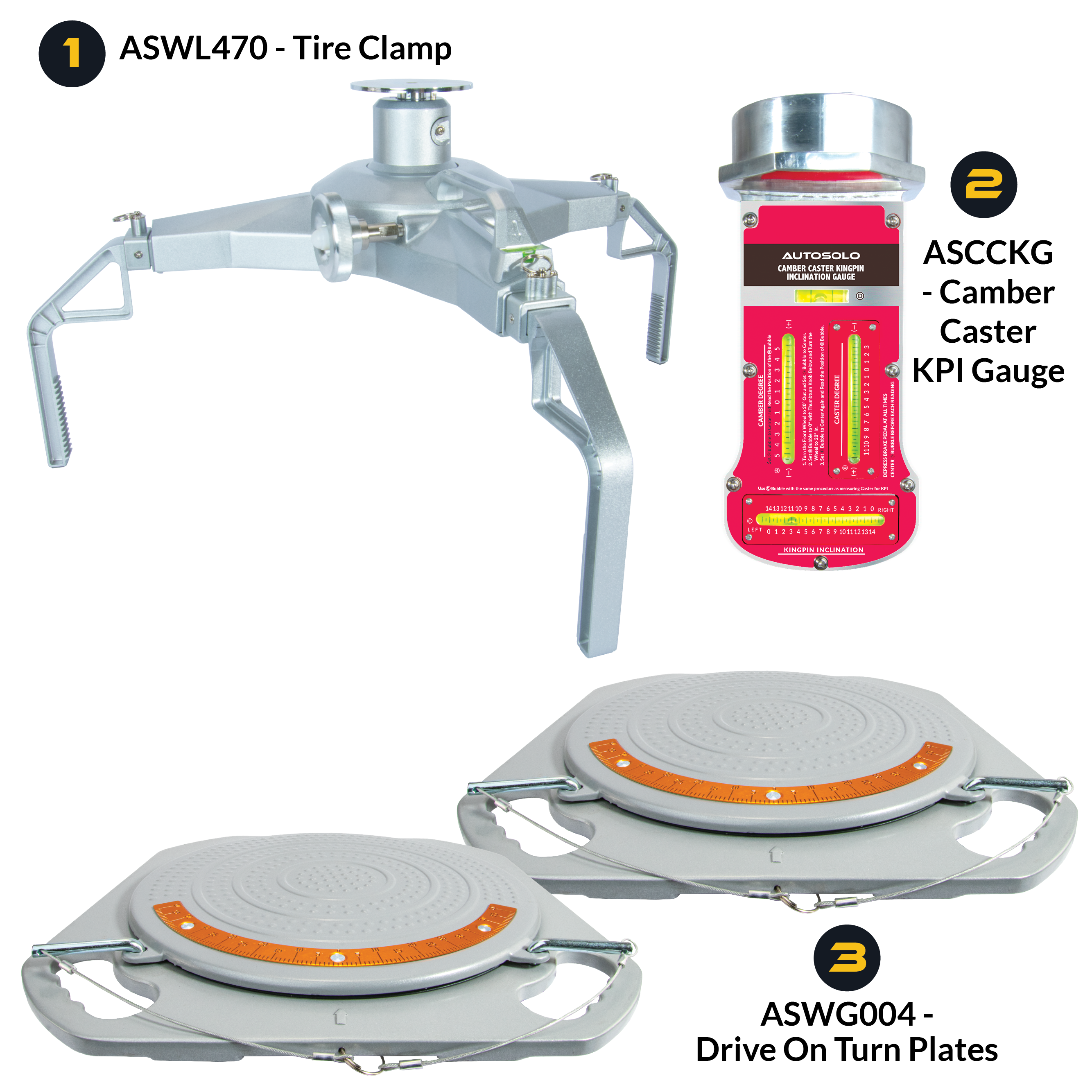 AutoSolo Bundle with ASWL470 Tire Clamp, the ASCCKG Camber Caster Kingpin Inclination Gauge with magnetic end, and the ASWG004 Drive-on Turn Plates for home or professional wheel alignments