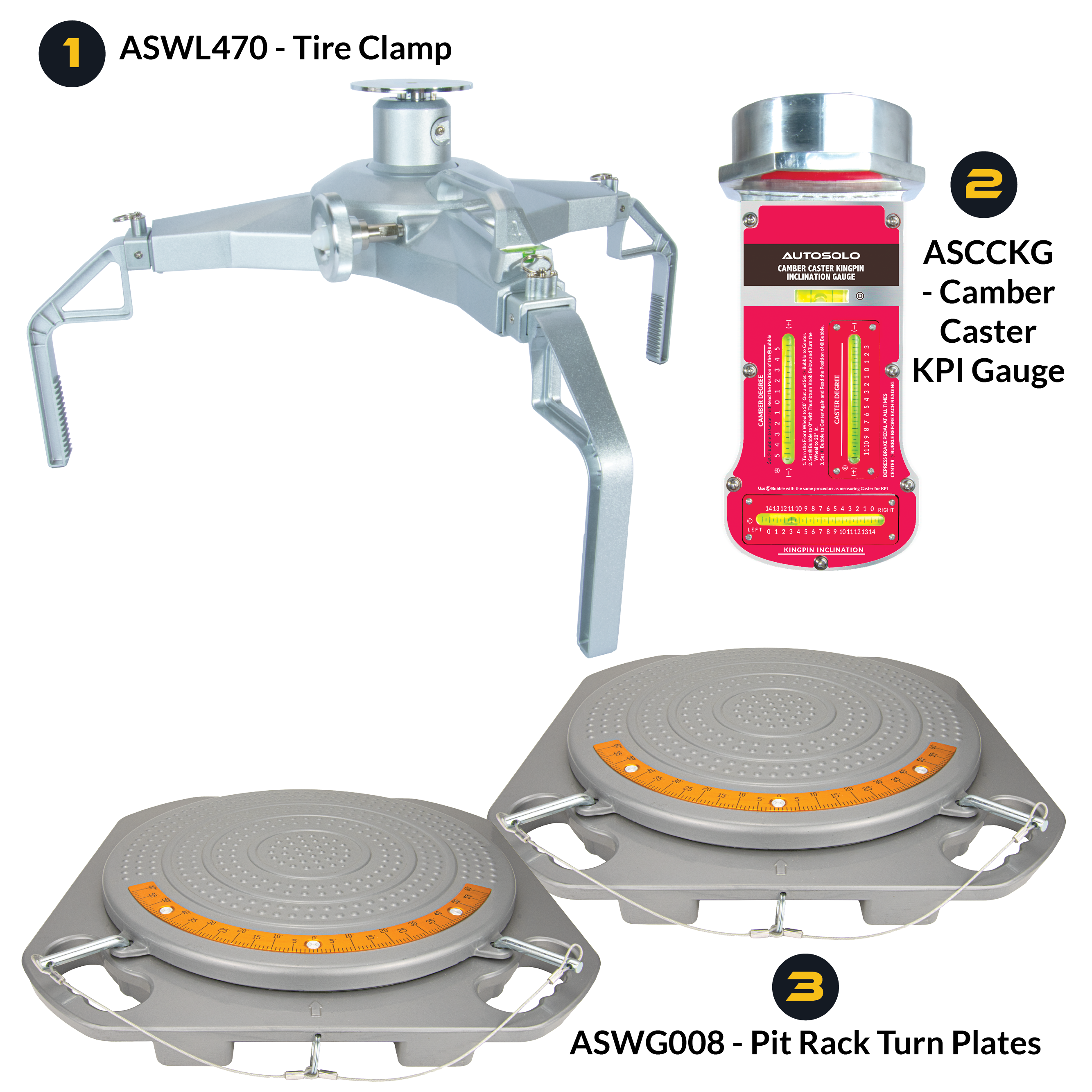 AutoSolo Bundle with ASWL470 Tire Clamp, the ASCCKG Camber Caster Kingpin Inclination Gauge with magnetic end, and the ASWG008 Pit Rack Turn Plates for home or professional wheel alignments