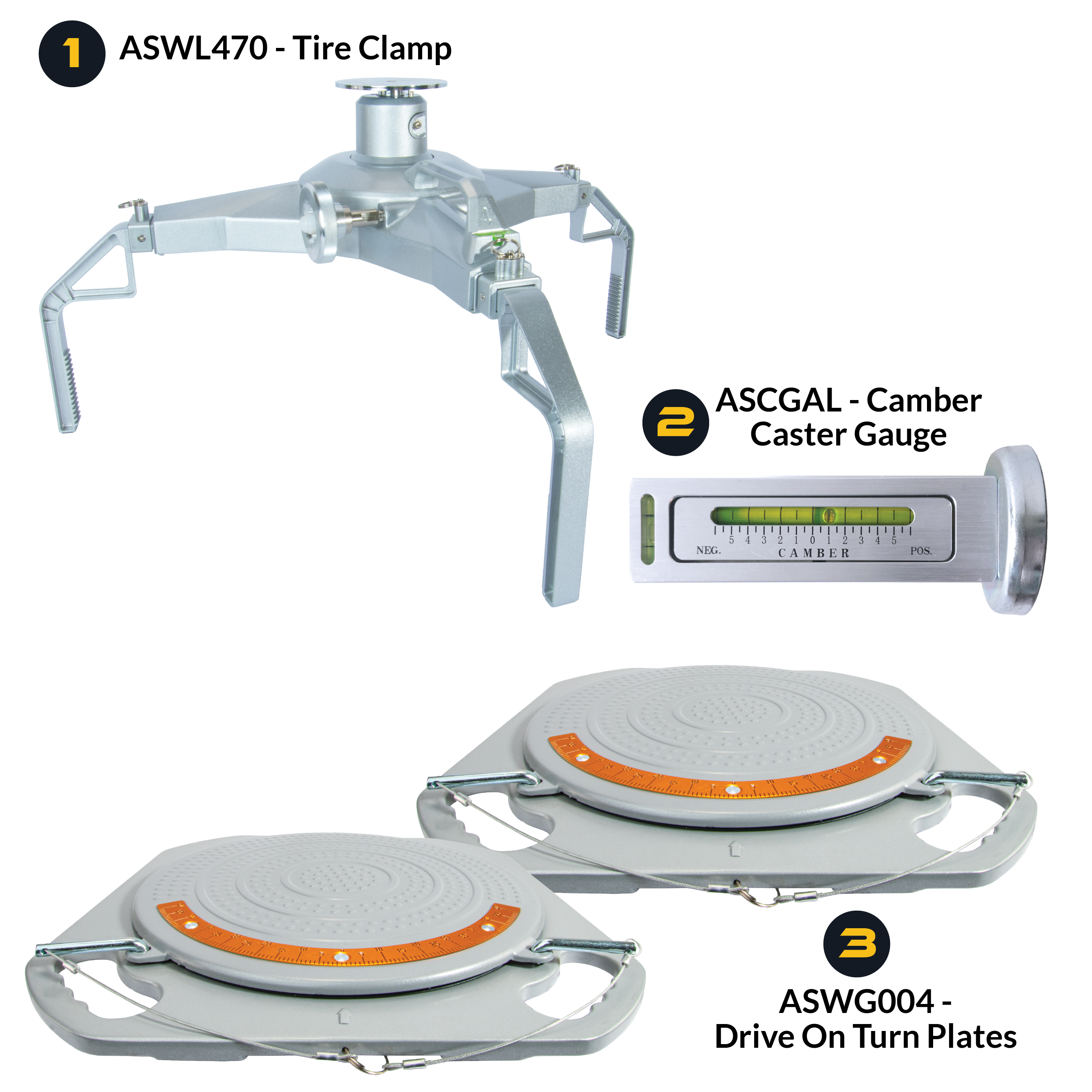 AutoSolo Bundle with ASWL470 Tire Clamp, the ASCGAL Camber Caster Gauge Level with magnetic end, and the ASWG004 Drive-on Turn Plates for home or professional wheel alignments