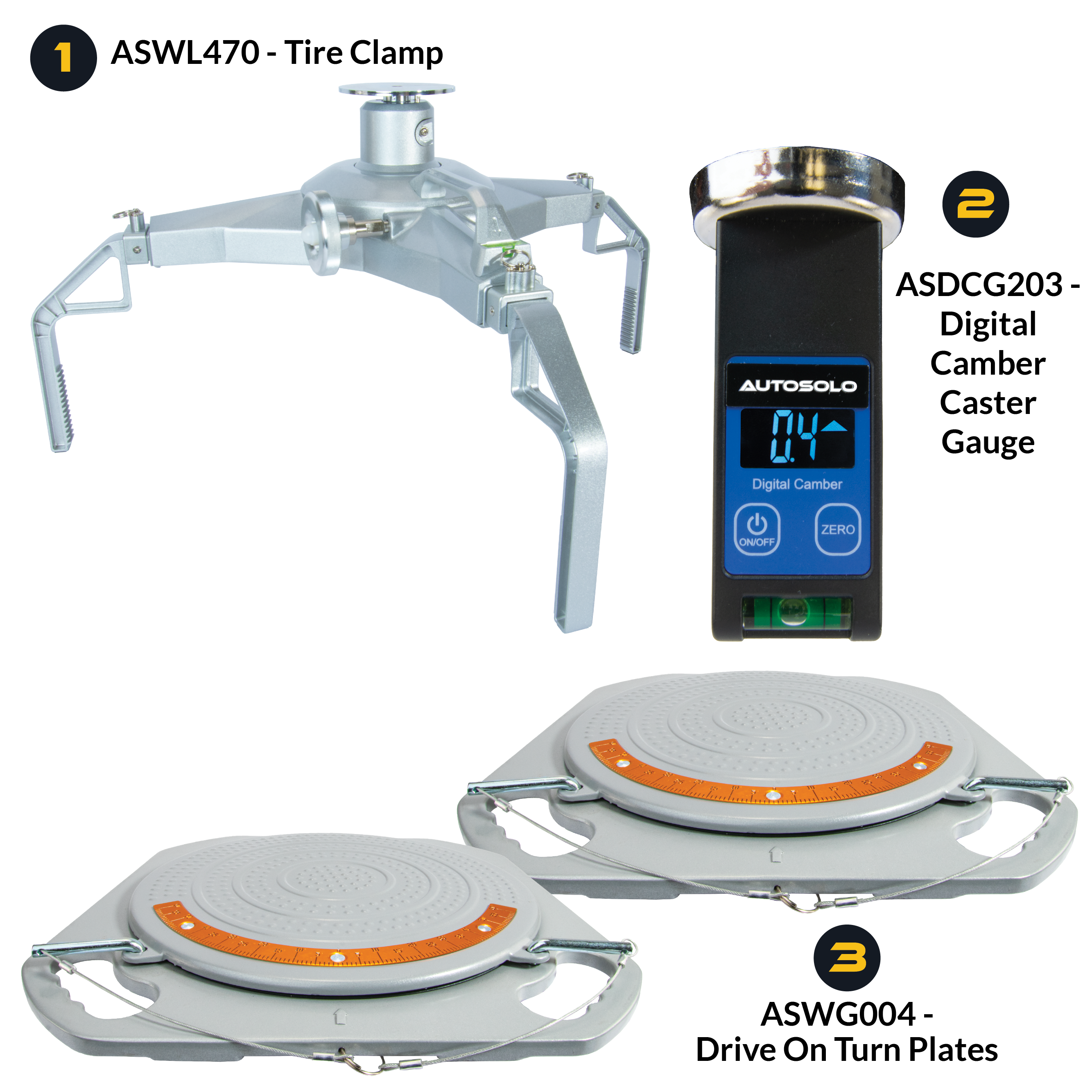 AutoSolo Bundle with ASWL470 Tire Clamp, the ASDCG203 Digital Camber Caster Gauge Level with magnetic end, and the ASWG004 Drive-on Turn Plates for home or professional wheel alignments