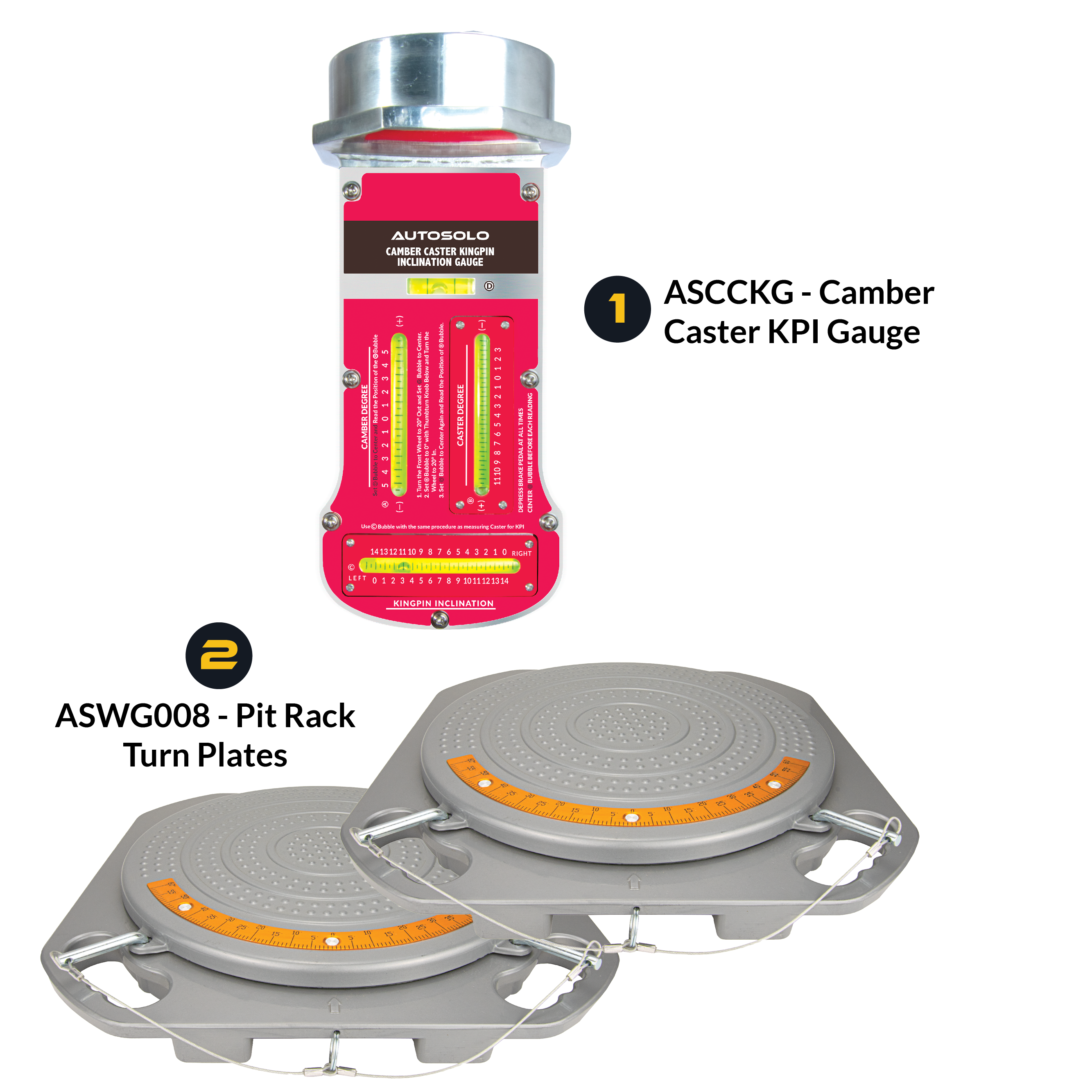 AutoSolo Bundle with the ASCCKG Camber Caster Kingpin Inclination Gauge with magnetic end and the ASWG008 Pit Rack Turn Plates for home or professional wheel alignments