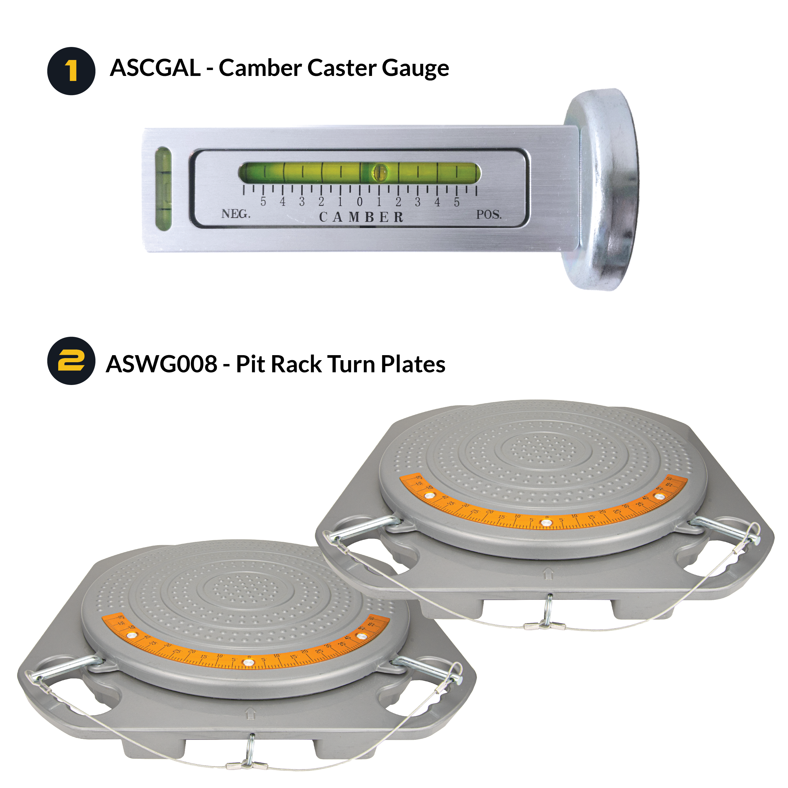 AutoSolo Bundle with the ASCGAL Camber Caster Gauge Level with magnetic end and the ASWG008 Pit Rack Turn Plates for home or professional wheel alignments
