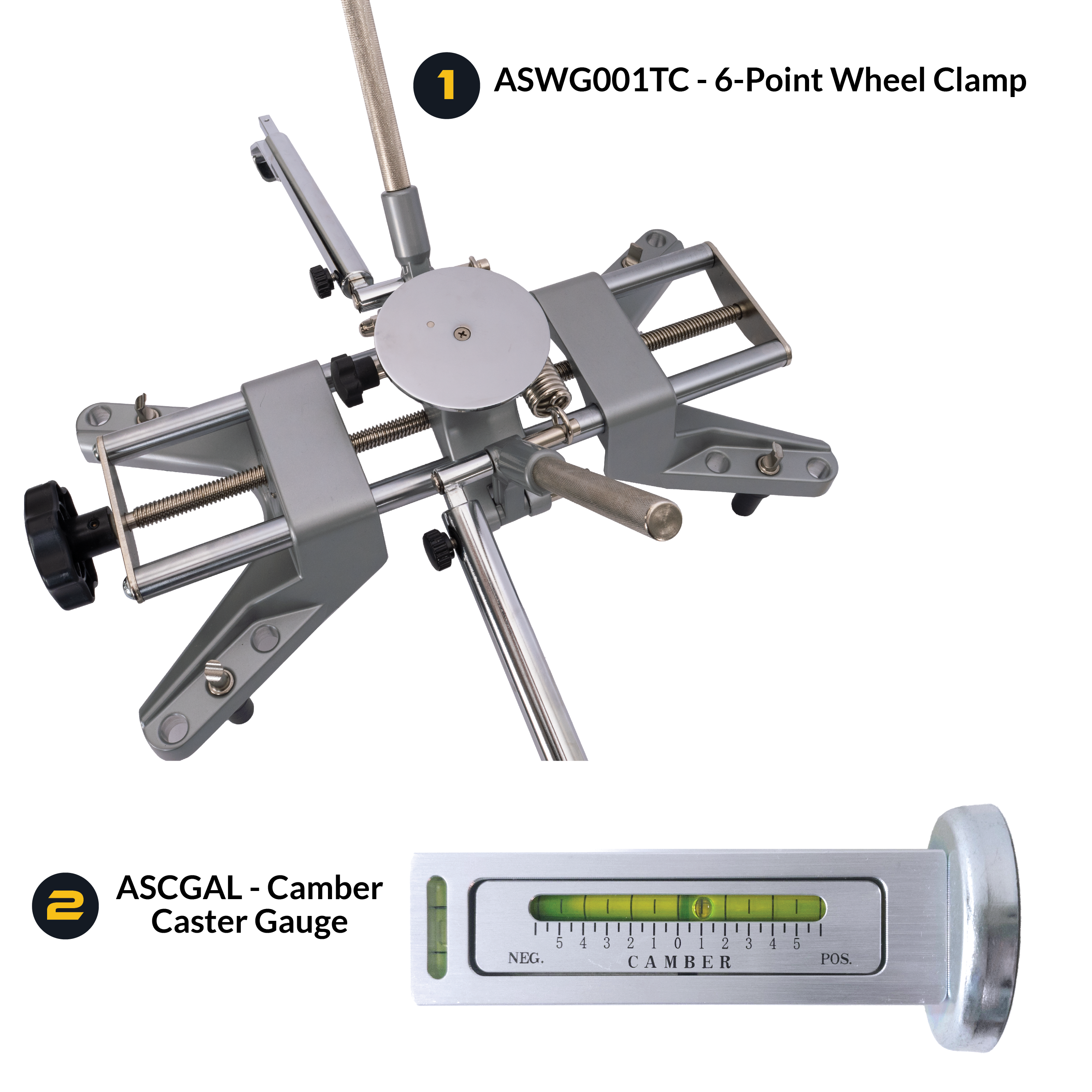 AutoSolo Bundle with ASWG001TC 6-Point Wheel Clamp and the ASCGAL Camber Caster Gauge Level with magnetic end for wheel alignments