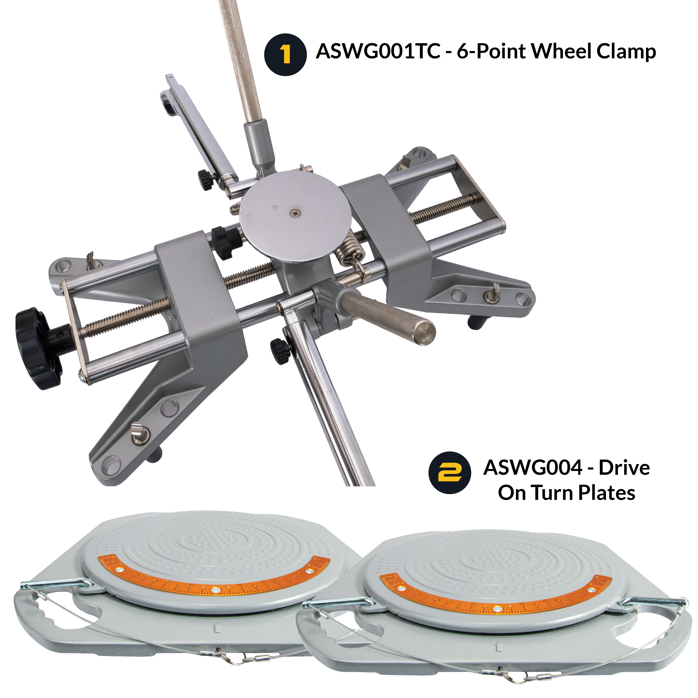 AutoSolo Bundle with ASWG001TC 6-Point Wheel Clamp and the ASWG004 Drive-on Turn Plates for home or professional wheel alignments