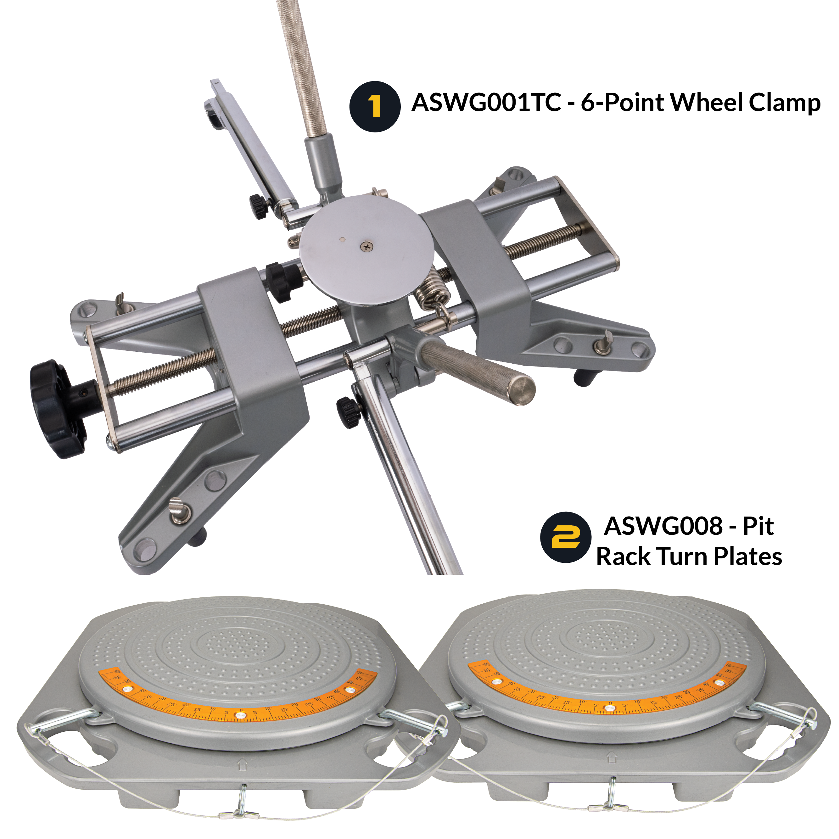 AutoSolo Bundle with ASWG001TC 6-Point Wheel Clamp and the ASWG008 Pit Rack Turn Plates for home or professional wheel alignments