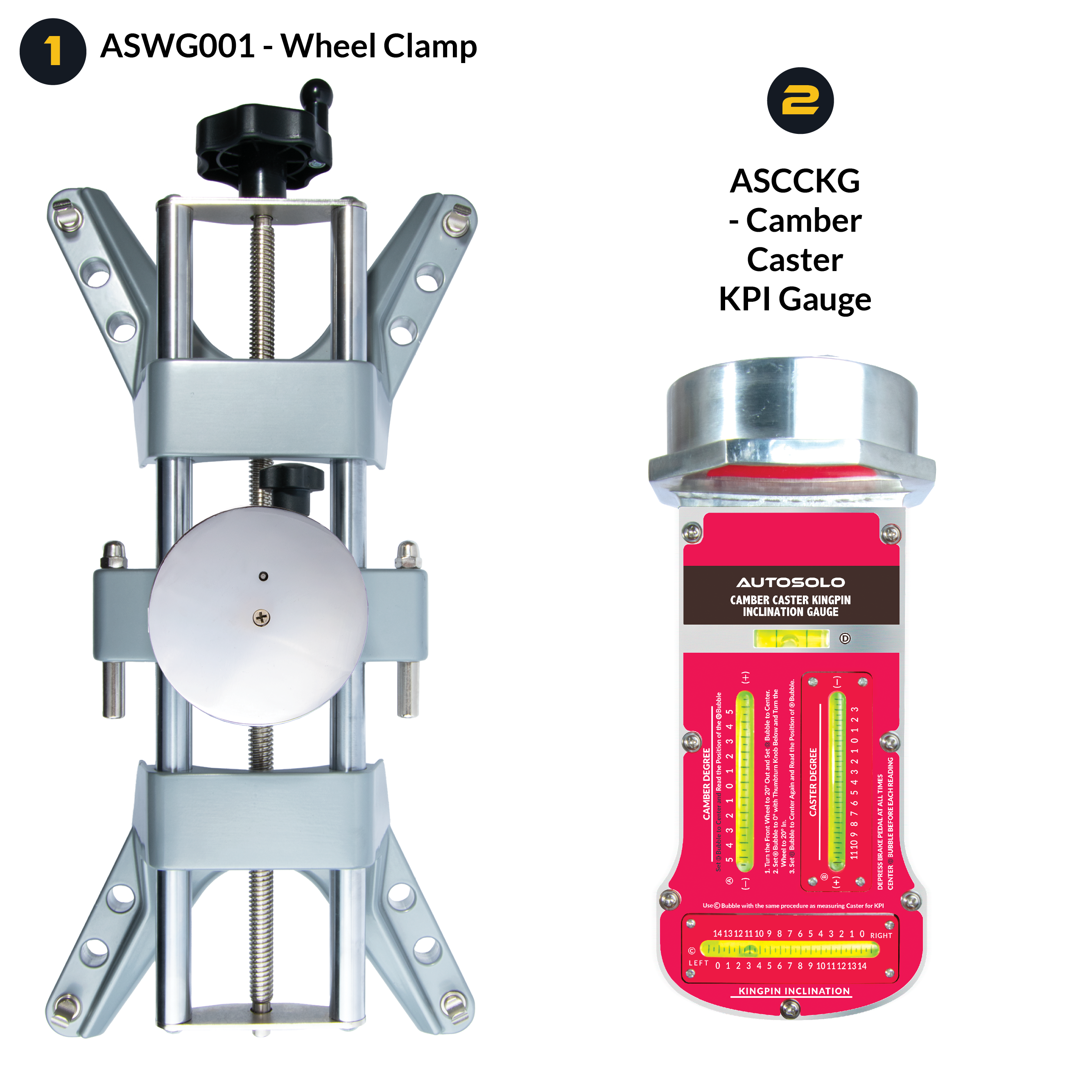 AutoSolo Bundle with ASWG001 Wheel Clamp and the ASCCKG Camber Caster Kingpin Inclination Gauge Level with magnetic end for wheel alignments