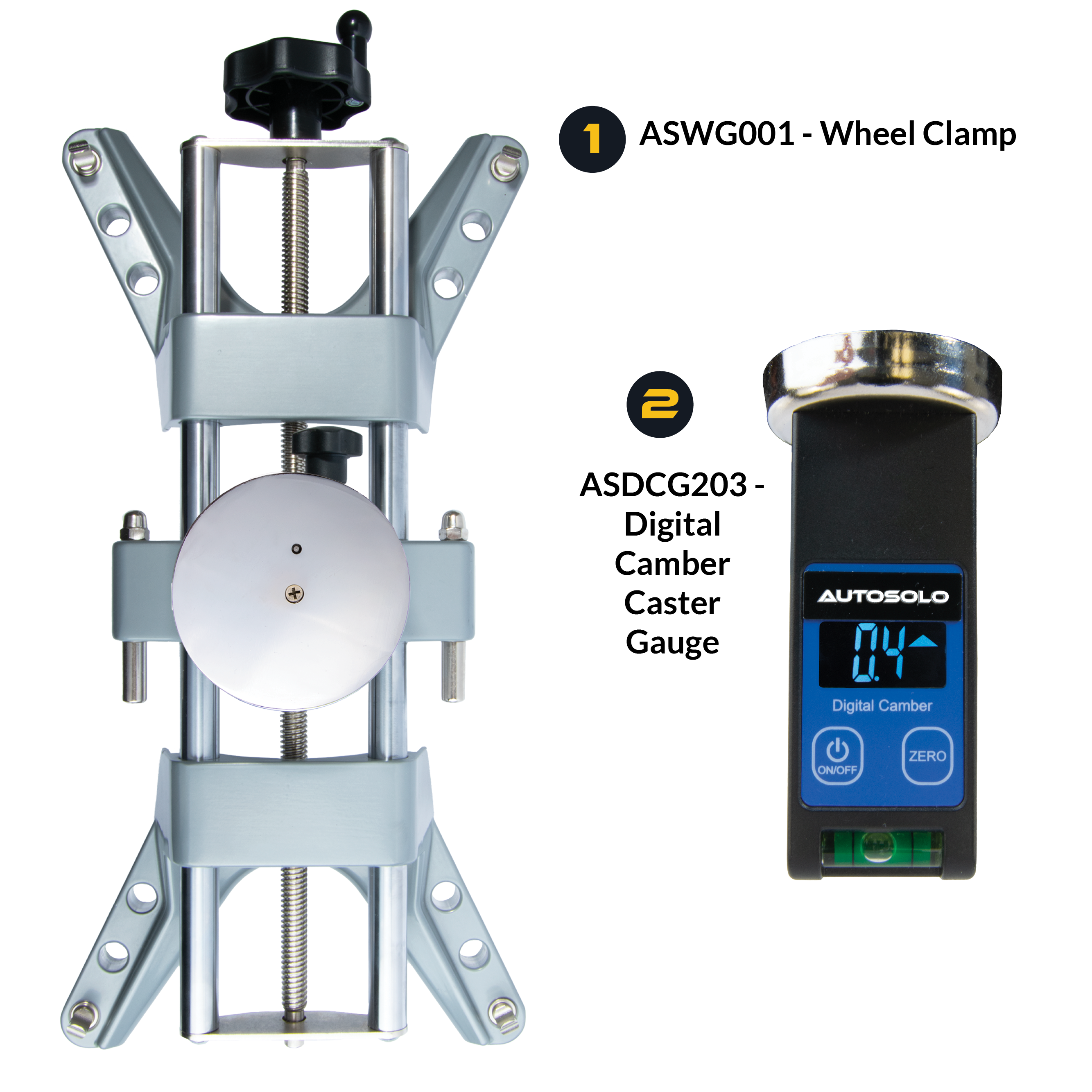 AutoSolo Bundle with ASWG001 Wheel Clamp and the ASDCG203 Digital Camber Caster Gauge Level with magnetic end for wheel alignments