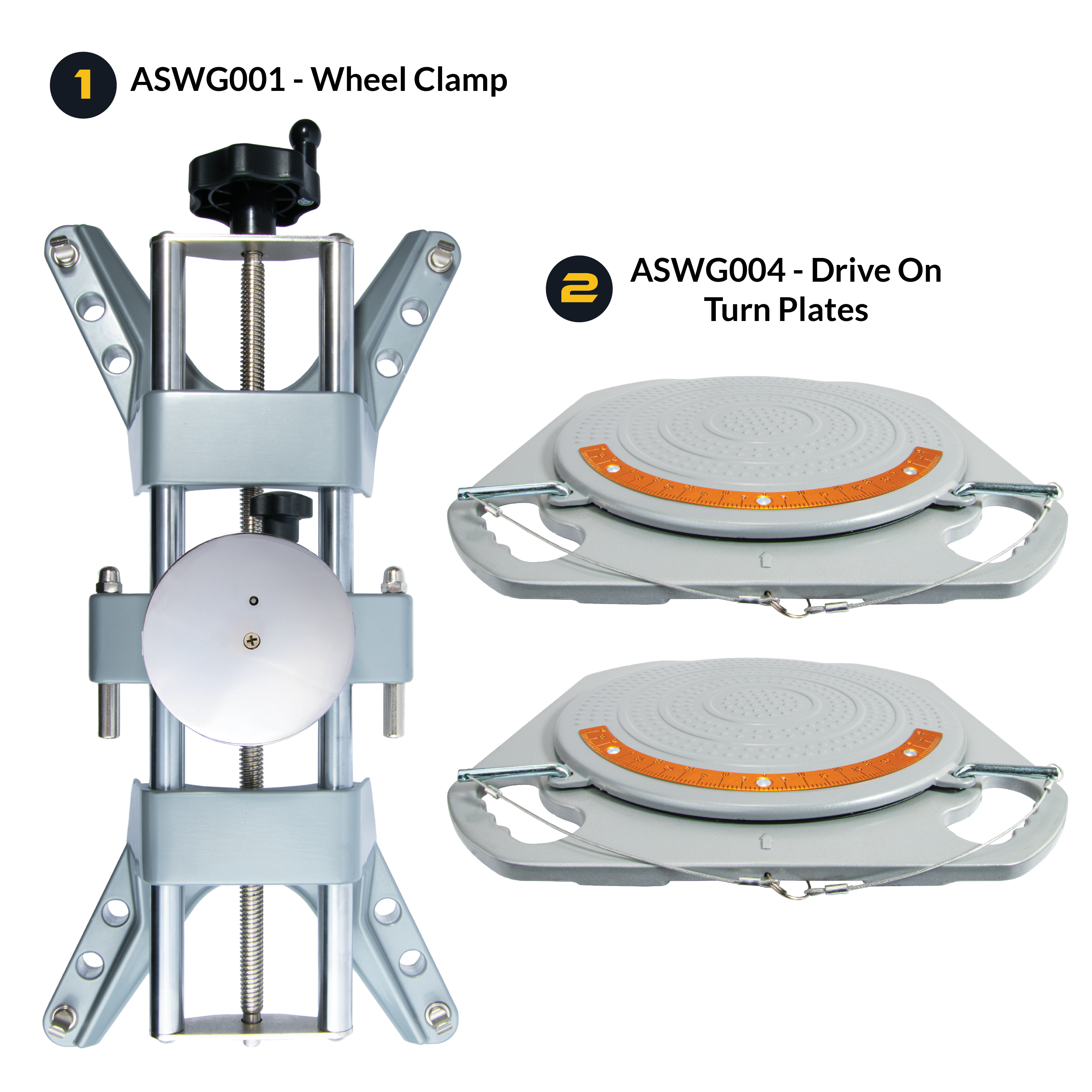 AutoSolo Bundle with ASWG001 Wheel Clamp and the ASWG004 Drive-on Turn Plates for home or professional wheel alignments