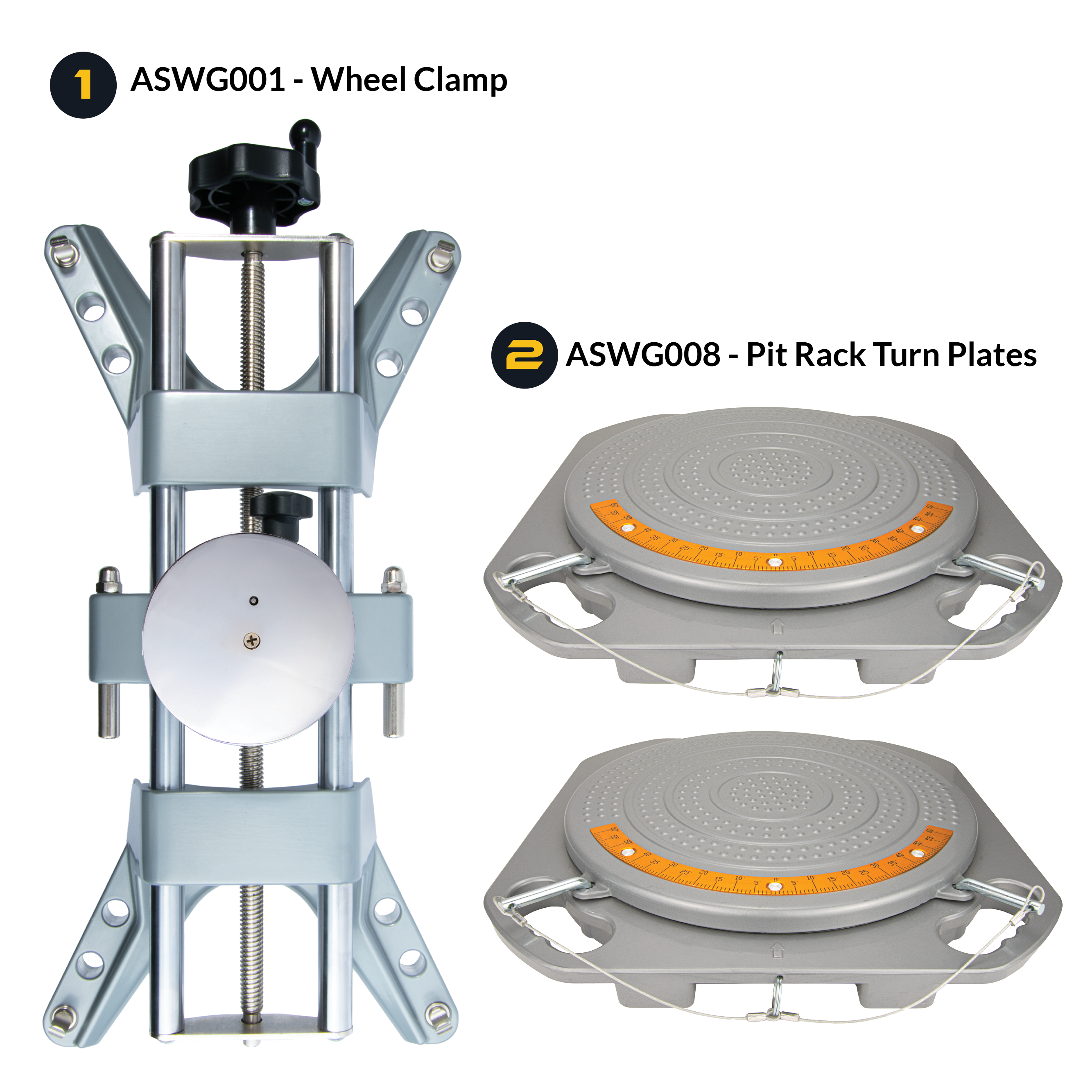 AutoSolo Bundle with the ASWG001 Wheel Clamp and the ASWG008 Pit Rack Turn Plates for home or professional wheel alignments