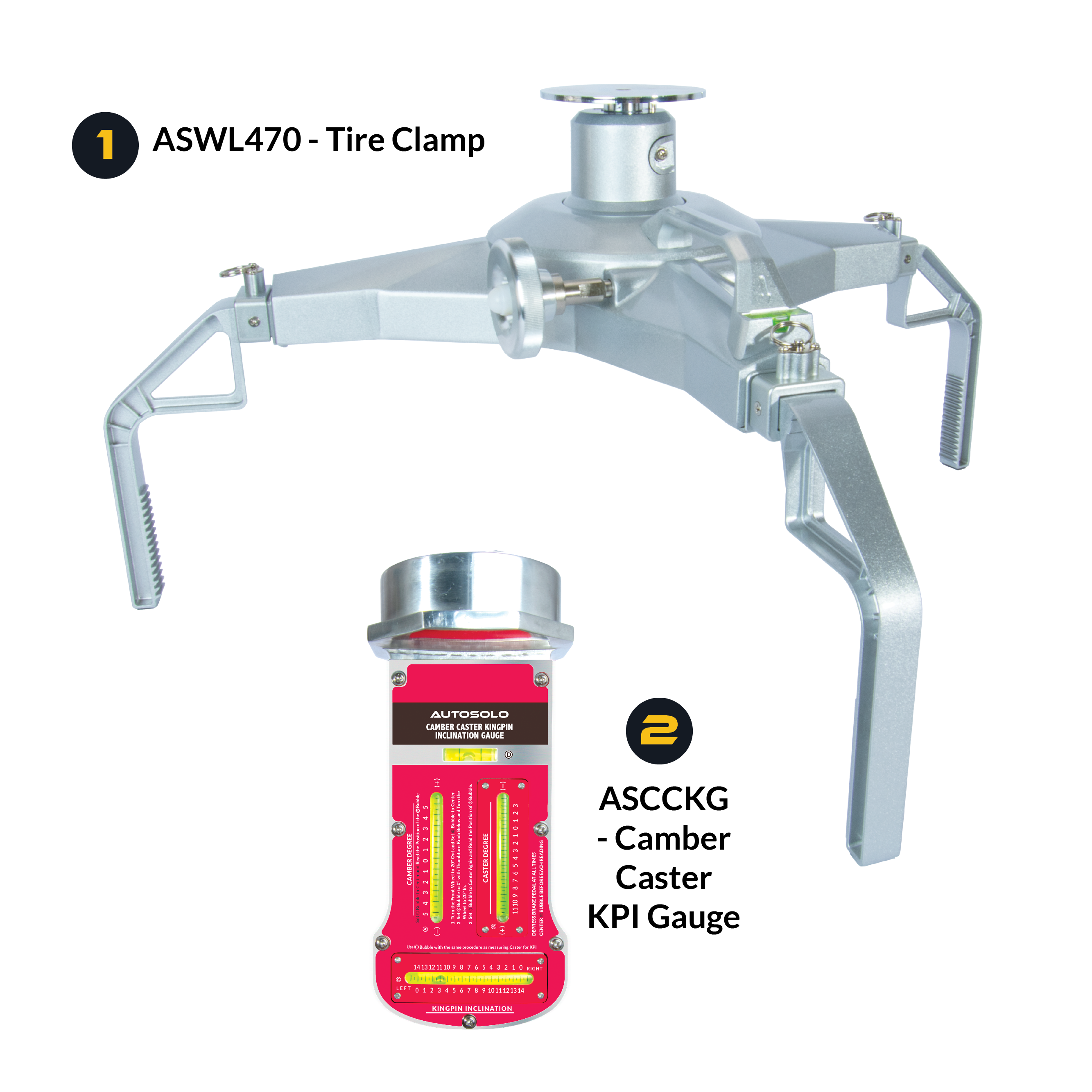 AutoSolo Bundle with ASWL470 Tire Clamp and the ASCCKG Camber Caster Kingpin Inclination Gauge with magnetic end for home or professional wheel alignments